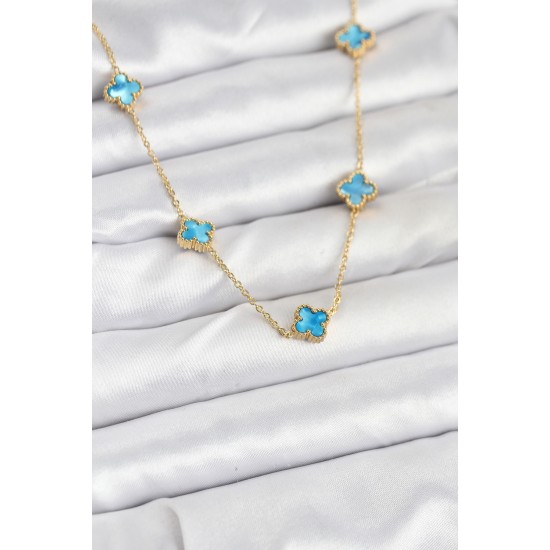 316L Çelik Zincir Gold Renk Buz Mavisi Baby Boy Yonca Kadın Kolye - TJ-BKO10571