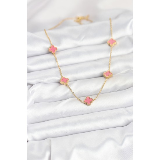 316L Çelik Zincir Gold Renk Pembe Baby Boy Yonca Kadın Kolye - TJ-BKO10572