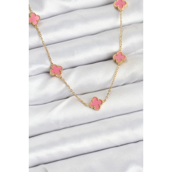 316L Çelik Zincir Gold Renk Pembe Baby Boy Yonca Kadın Kolye - TJ-BKO10572