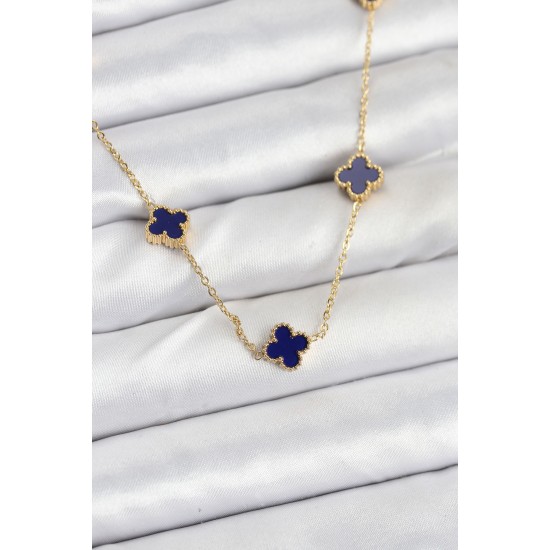 316L Çelik Zincir Gold Renk Lacivert Baby Boy Yonca Kadın Kolye - TJ-BKO10573