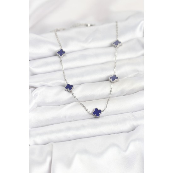 316L Çelik Zincir Gümüş Renk Lacivert Baby Boy Yonca Kadın Kolye - TJ-BKO10574