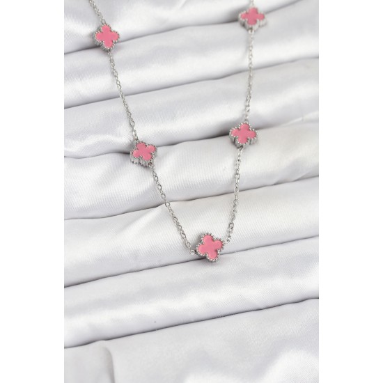 316L Çelik Zincir Gümüş Renk Pembe Baby Boy Yonca Kadın Kolye - TJ-BKO10575