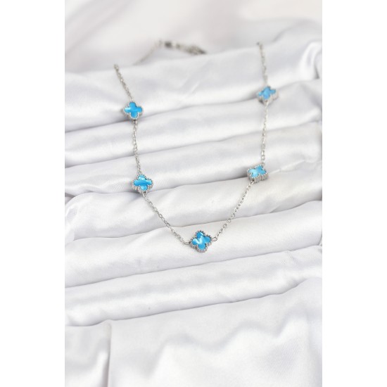 316L Çelik Zincir Gümüş Renk Buz Mavisi Baby Boy Yonca Kadın Kolye - TJ-BKO10576