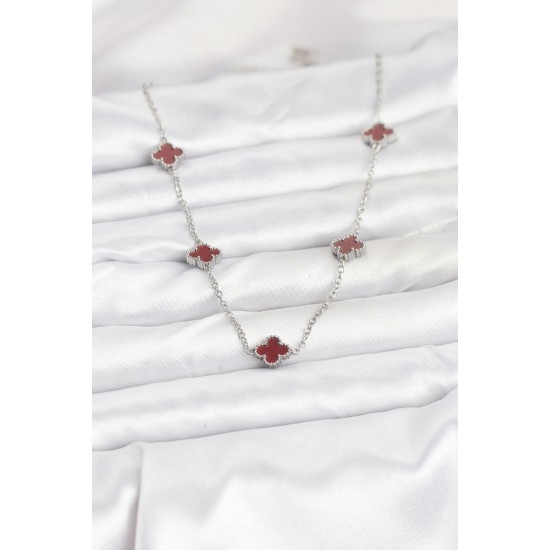 316L Çelik Zincir Gümüş Renk Bordo Baby Boy Yonca Kadın Kolye - TJ-BKO10577