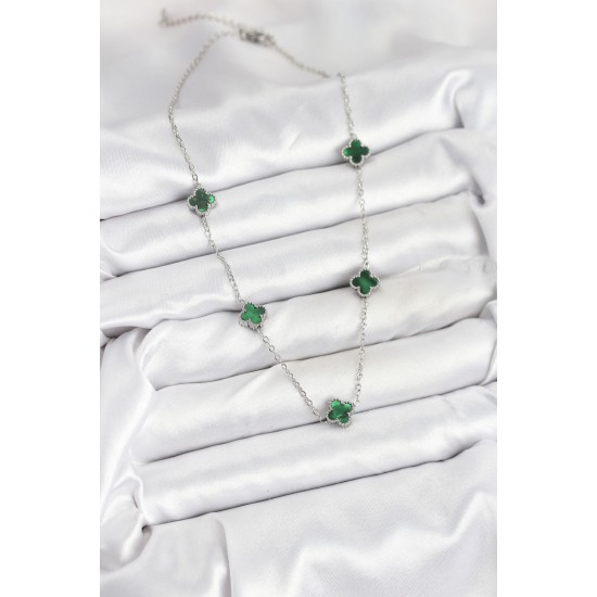 316L Çelik Zincir Gümüş Renk Yeşil Baby Boy Yonca Kadın Kolye - TJ-BKO10578