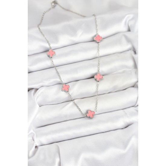 316L Çelik Zincir Gümüş Renk Pembe Baby Boy Yonca Kadın Kolye - TJ-BKO10579