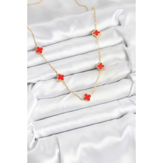 316L Çelik Zincir Gold Renk Kırmızı Baby Boy Yonca Kadın Kolye - TJ-BKO10580