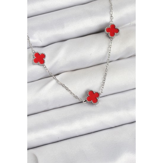 316L Çelik Zincir Gümüş Renk Kırmızı Baby Boy Yonca Kadın Kolye - TJ-BKO10581