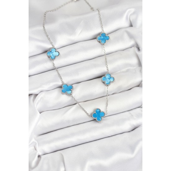 316L Çelik Zincir Gümüş Buz Mavisi Renk Yonca Kadın Kolye - TJ-BKO10582