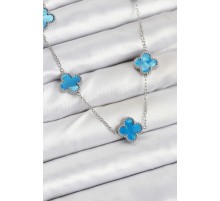 316L Çelik Zincir Gümüş Buz Mavisi Renk Yonca Kadın Kolye - TJ-BKO10582
