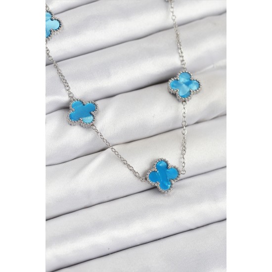 316L Çelik Zincir Gümüş Buz Mavisi Renk Yonca Kadın Kolye - TJ-BKO10582