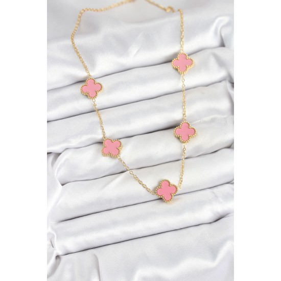 316L Çelik Zincir Gold Pembe Renk Yonca Kadın Kolye - TJ-BKO10583