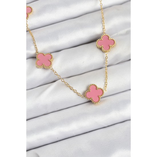 316L Çelik Zincir Gold Pembe Renk Yonca Kadın Kolye - TJ-BKO10583