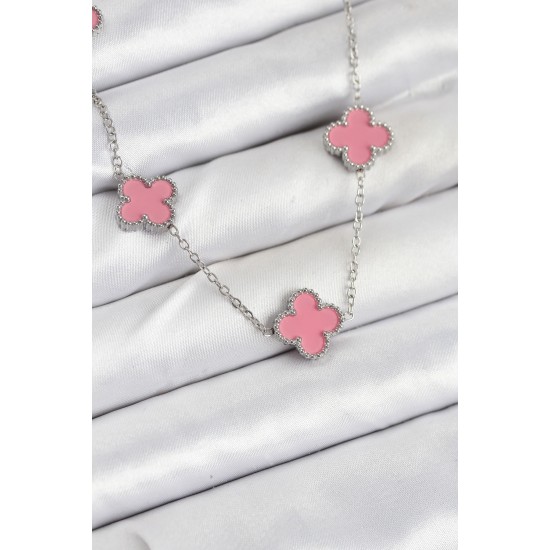 316L Çelik Zincir Gümüş Pembe Renk Yonca Kadın Kolye - TJ-BKO10584