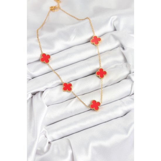 316L Çelik Zincir Gold Kırmızı Renk Yonca Kadın Kolye - TJ-BKO10585