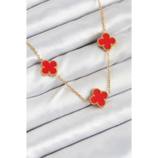 316L Çelik Zincir Gold Kırmızı Renk Yonca Kadın Kolye - TJ-BKO10585