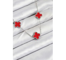 316L Çelik Zincir Gümüş Kırmızı Renk Yonca Kadın Kolye - TJ-BKO10586