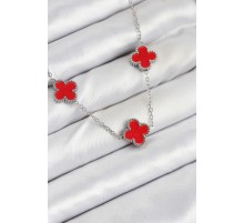 316L Çelik Zincir Gümüş Kırmızı Renk Yonca Kadın Kolye - TJ-BKO10586