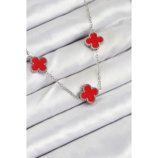 316L Çelik Zincir Gümüş Kırmızı Renk Yonca Kadın Kolye - TJ-BKO10586