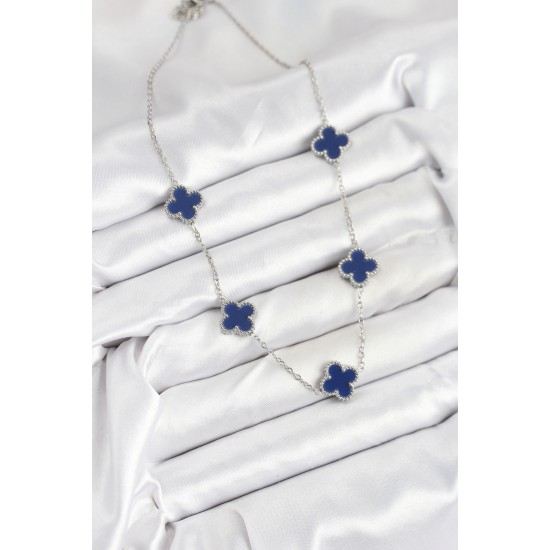 316L Çelik Zincir Gümüş Lacivert Renk Yonca Kadın Kolye - TJ-BKO10587