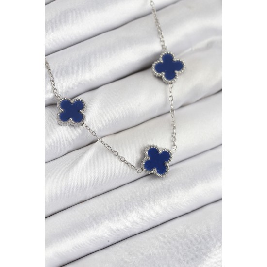 316L Çelik Zincir Gümüş Lacivert Renk Yonca Kadın Kolye - TJ-BKO10587