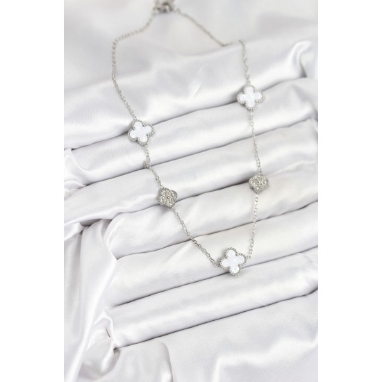 316L Çelik Zincir Gümüş Renk Beyaz ve Zirkon Taşlı Yonca Kadın Kolye - TJ-BKO10588