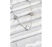 316L Çelik Zincir Gümüş Renk Beyaz ve Zirkon Taşlı Yonca Kadın Kolye - TJ-BKO10588