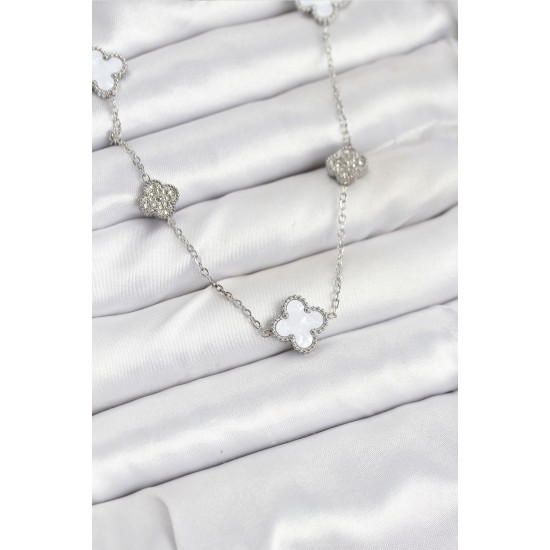 316L Çelik Zincir Gümüş Renk Beyaz ve Zirkon Taşlı Yonca Kadın Kolye - TJ-BKO10588