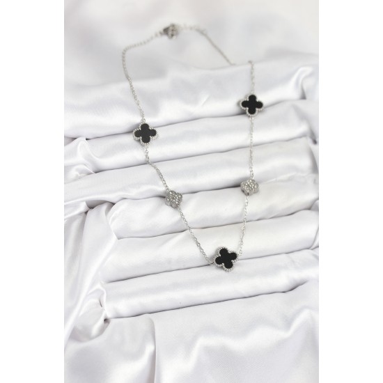 316L Çelik Zincir Gümüş Renk Siyah ve Zirkon Taşlı Yonca Kadın Kolye - TJ-BKO10589