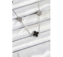 316L Çelik Zincir Gümüş Renk Siyah ve Zirkon Taşlı Yonca Kadın Kolye - TJ-BKO10589