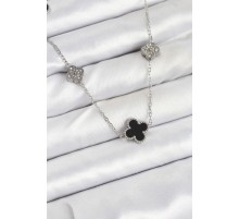 316L Çelik Zincir Gümüş Renk Siyah ve Zirkon Taşlı Yonca Kadın Kolye - TJ-BKO10589