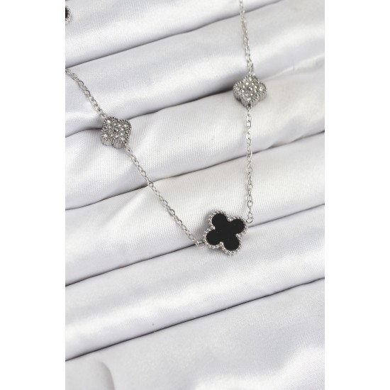 316L Çelik Zincir Gümüş Renk Siyah ve Zirkon Taşlı Yonca Kadın Kolye - TJ-BKO10589