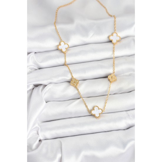 316L Çelik Zincir Gold Renk Beyaz ve Zirkon Taşlı Yonca Kadın Kolye - TJ-BKO10590