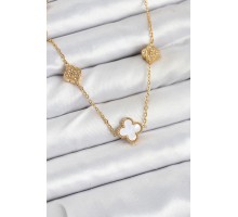 316L Çelik Zincir Gold Renk Beyaz ve Zirkon Taşlı Yonca Kadın Kolye - TJ-BKO10590