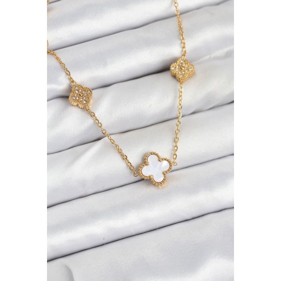 316L Çelik Zincir Gold Renk Beyaz ve Zirkon Taşlı Yonca Kadın Kolye - TJ-BKO10590
