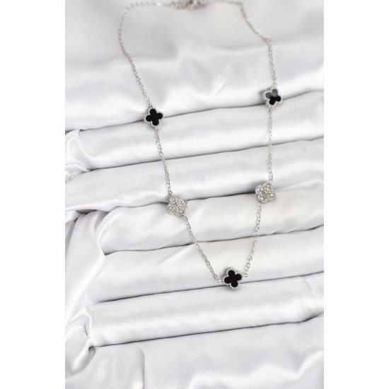 316L Çelik Zincir Gümüş Renk Siyah ve Zirkon Taşlı Baby Boy Yonca Kadın Kolye - TJ-BKO10591