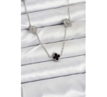 316L Çelik Zincir Gümüş Renk Siyah ve Zirkon Taşlı Baby Boy Yonca Kadın Kolye - TJ-BKO10591