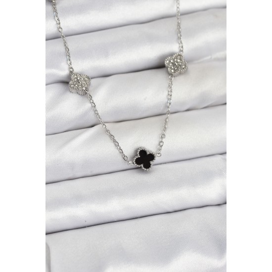 316L Çelik Zincir Gümüş Renk Siyah ve Zirkon Taşlı Baby Boy Yonca Kadın Kolye - TJ-BKO10591