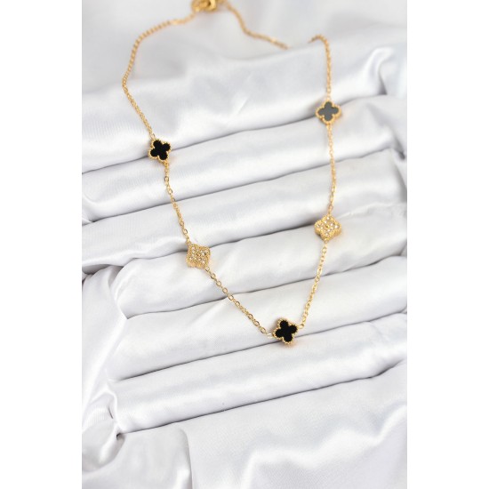 316L Çelik Zincir Gold Renk Siyah ve Zirkon Taşlı Baby Boy Yonca Kadın Kolye - TJ-BKO10592