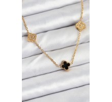 316L Çelik Zincir Gold Renk Siyah ve Zirkon Taşlı Baby Boy Yonca Kadın Kolye - TJ-BKO10592