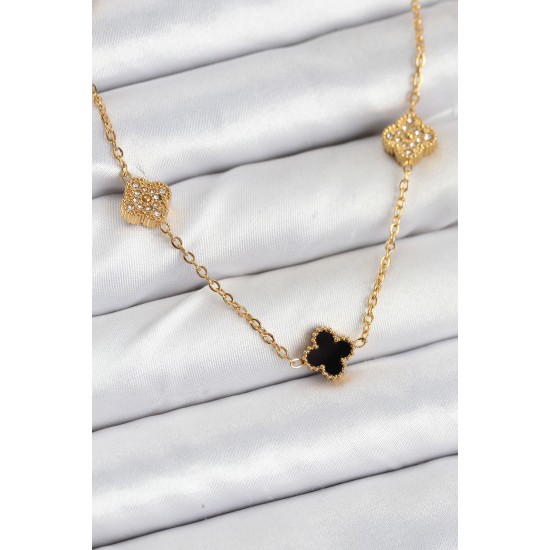 316L Çelik Zincir Gold Renk Siyah ve Zirkon Taşlı Baby Boy Yonca Kadın Kolye - TJ-BKO10592