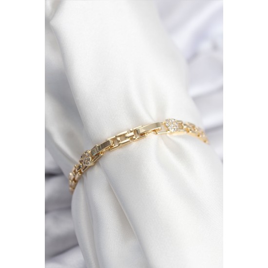 Pirinç VIP Seri Gold Renk Zincir Model Kalpli Zirkon Taşlı Kadın Bileklik - TJ-BB7929