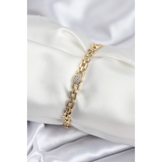 Pirinç VIP Seri Gold Renk Zincir Model Kalpli Zirkon Taşlı Kadın Bileklik - TJ-BB7929
