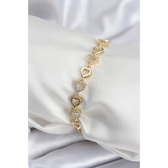 Pirinç VIP Seri Gold Renk Sıralı Kalp Model Kadın Bileklik - TJ-BB7935