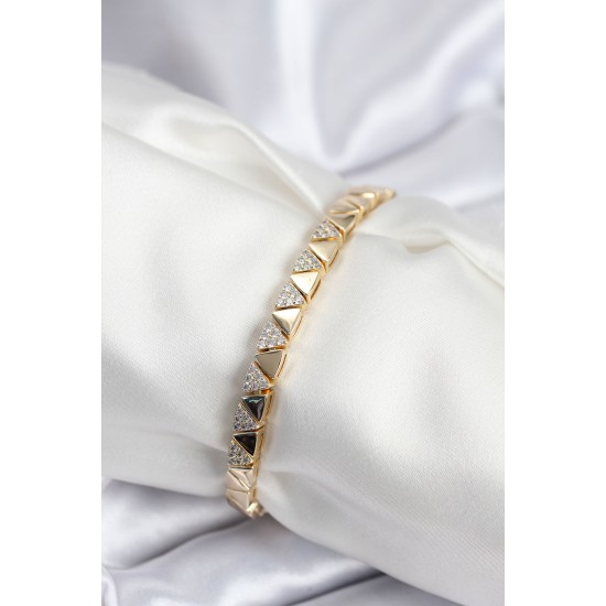Pirinç VIP Seri Gold Renk Sıralı Üçgen Model Kadın Bileklik - TJ-BB7942