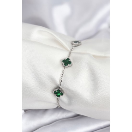 316L Çelik Gümüş Renk Yeşil Baby Boy Yonca Kadın Bileklik - TJ-BB7945