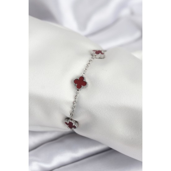 316L Çelik Gümüş Renk Bordo Baby Boy Yonca Kadın Bileklik - TJ-BB7951