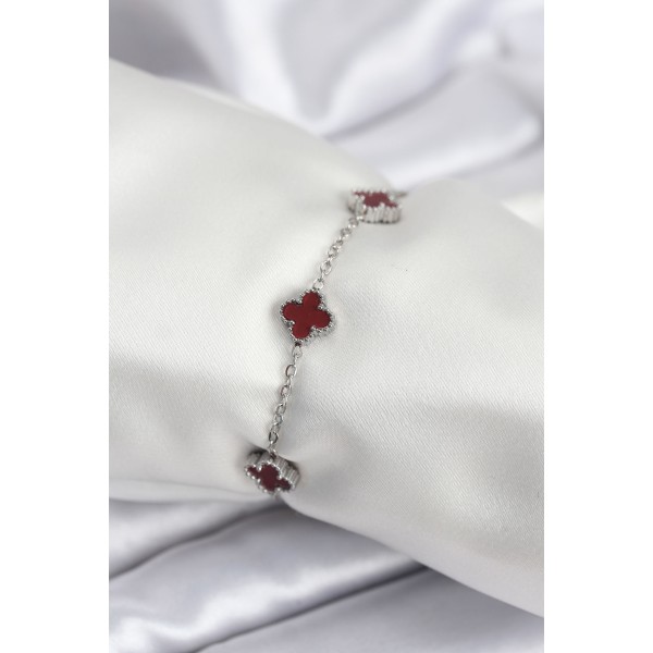 316L Çelik Gümüş Renk Bordo Baby Boy Yonca Kadın Bileklik - TJ-BB7951