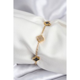 316L Çelik Gold Renk Siyah ve Zirkon Taşlı Baby Boy Yonca Kadın Bileklik - TJ-BB7953