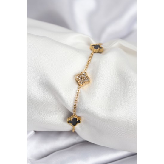 316L Çelik Gold Renk Siyah ve Zirkon Taşlı Baby Boy Yonca Kadın Bileklik - TJ-BB7953